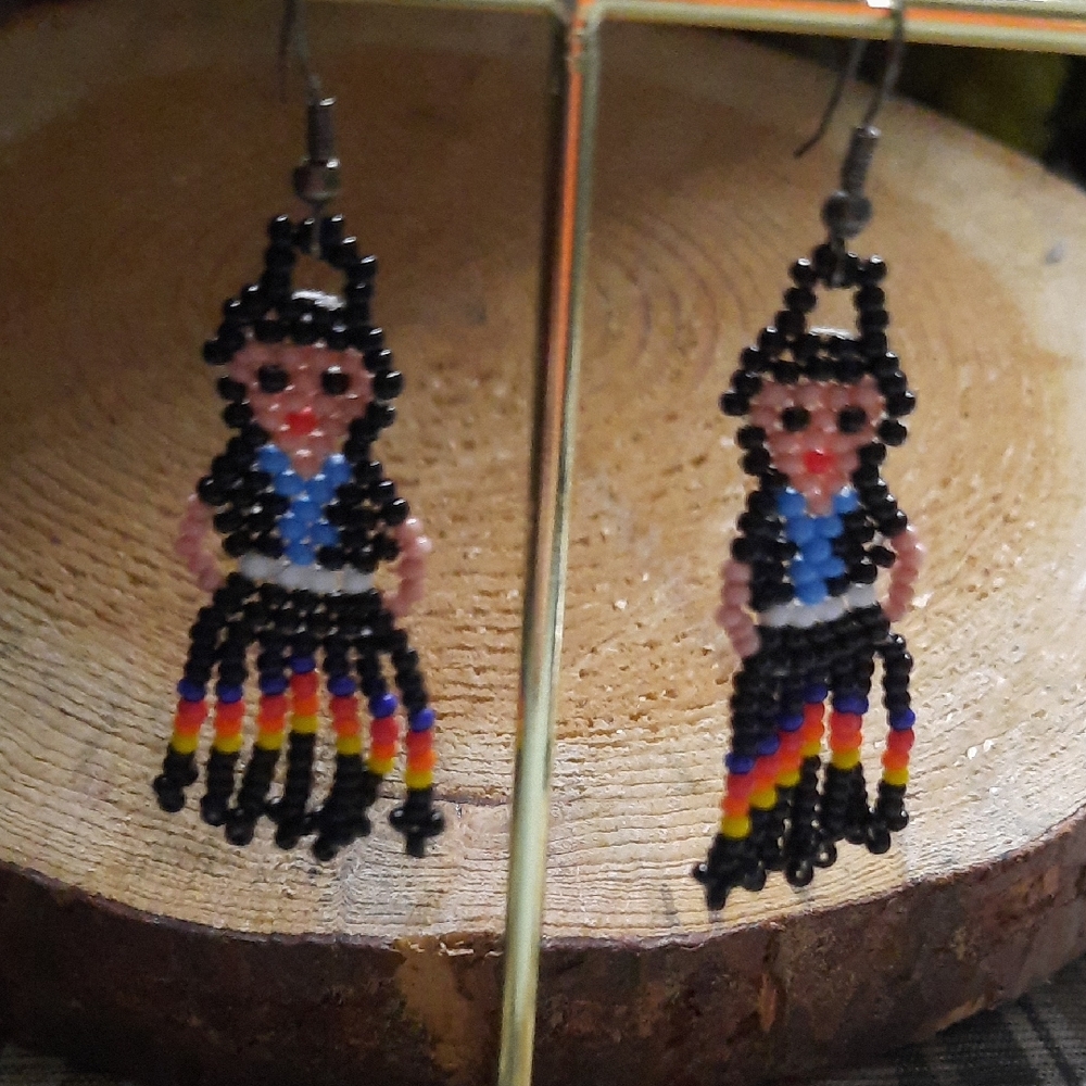 Huichol beaded doll earrings, also known as "Mexican lady" or "fiesta Earrings
